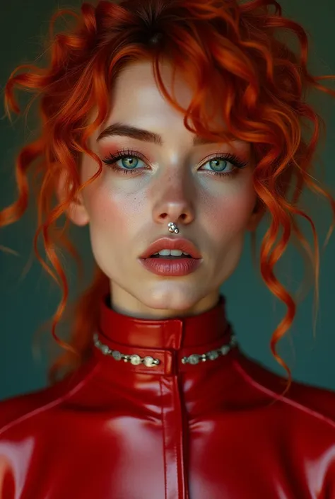 mexican woman, young, naked, red very curly mullet, septum piercing, dimples, thick belt around neck, naughty expression, red shiny latex bodysuit, close-up, UHD, retina, masterpiece, accurate, anatomically correct, textured skin, super detail, high detail...