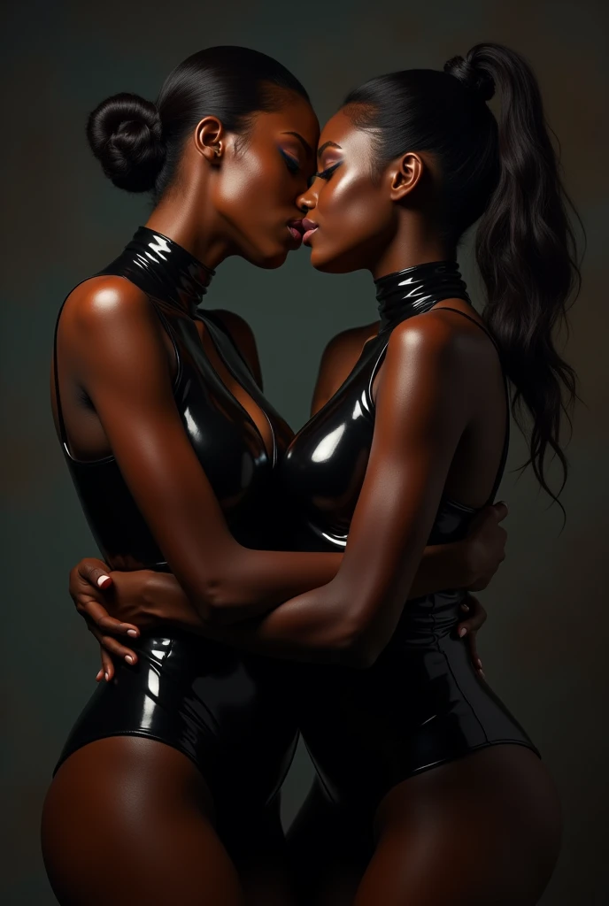 two black girls kissing, shiny latex bodysuit