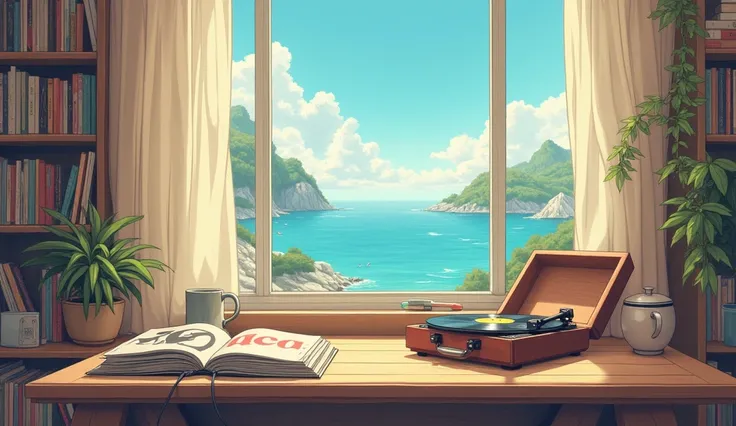 Lots of records、pastel、Anime Style、coffee、Headphones、gramophone、The landscape is the sea