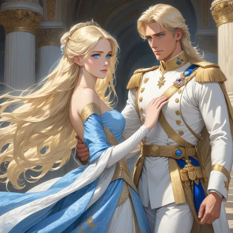 a tall, handsome, statuesque, courageous adult man is a platinum blonde with blue eyes, dressed in an ancient military uniform, ...