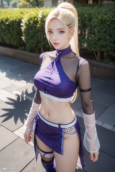 (masterpiece), best quality, expressive eyes, perfect face, 1 girl, solo, yamanaka ino, blonde hair, blue eyes, purple crop top, separate sleeves, purple skirt, mesh sleeves, meshes, outdoors, natural lighting, full body, portrait, looking at viewer, from ...