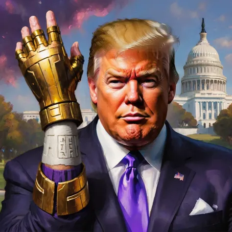 Donald Trump (bandage on right ear) in a triumphant pose, He is portraying villain Thanos, wearing the Infinity gauntlet, white house in background. text I AM INEVITABLE written in big letters along the right side of the screen
