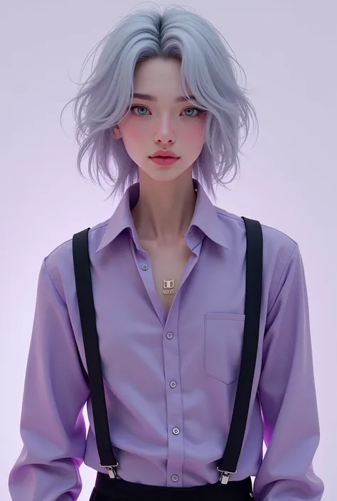 Genrate image of sexy man boy with pink lips and silver hair till neck dressed in Suspenders over lavender shirt. 
