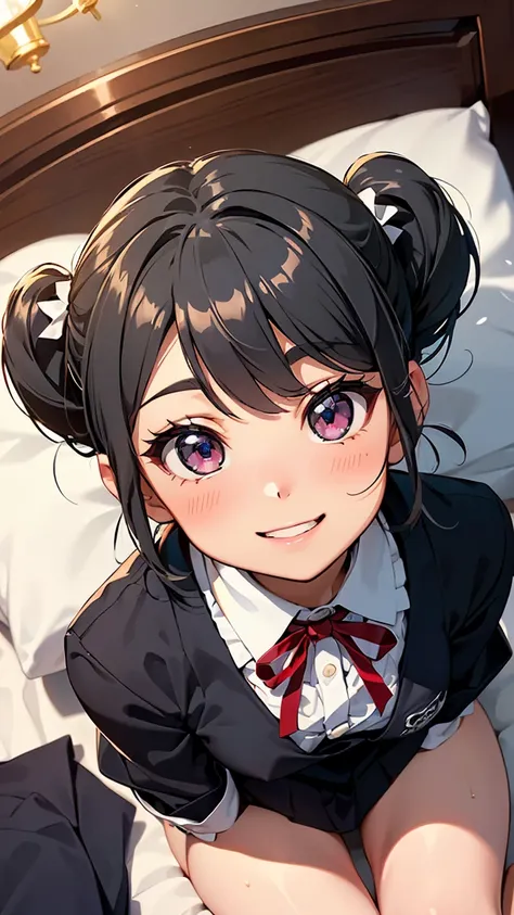 onitsuka tomari, twin braids, twin tails, aqua hair, red eyes, light green short hair,-- ((Top view 1.3))),((Top view of lying down 1.3))), ((Lying on bed with legs spread wide))), (Wet genitals 1.2), (((Best smile 1.3))), (((Lying on back 1.3))), ((Lying ...