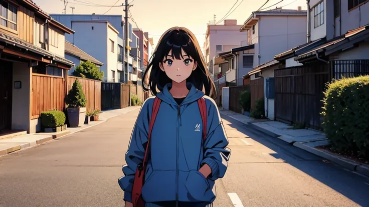 masterpiece, Highest quality, A girl walking her dog in a quiet suburban Tokyo neighborhood at sunset, enjoying the calm atmosphere,beautiful eyes