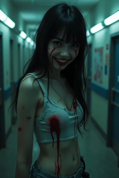 best quality,1 girl，(20 years old,black hair,Darkness,),sparkling eyes,(Carrying a bloody knife),(evil smile:1.3),whole body, sexy body,White skin,pale skin, big bust,(whole body:1.3),(crazy:1.3), (Destroyed hospital,Electric spark,(very dark:1.5),dirty, B...