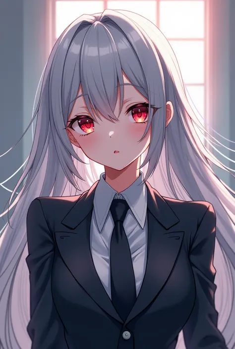 Generate an image of an anime woman with a suit and silver hair looking at me with one red eye 