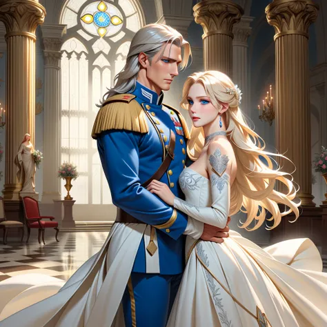 A tall, handsome, statuesque, courageous adult man is a platinum blonde with blue eyes, dressed in an ancient military uniform, he has long straight silver platinum hair, long bangs, he holds the hand of an incredibly beautiful young fatal blonde woman wit...