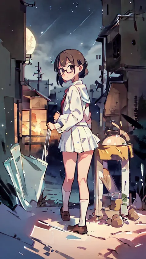 Dazzling Light、Many towers in the distance、Big Moon、metropolis、Tall buildings、Looking up at the stars、water、Midnight、Moon、Blue light、sky、sea、Nsfw、masterpiece, high quality, 4K, HDR,, Stable Diffusion prompt:  schoolgirl with short、brown hair and red-framed...