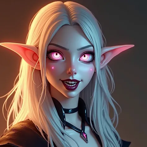 a Night Elf, long white hair, glowing eyes, long pointy ears, dark lipstick, teeth clenched, gap in front teeth, gapped teeth