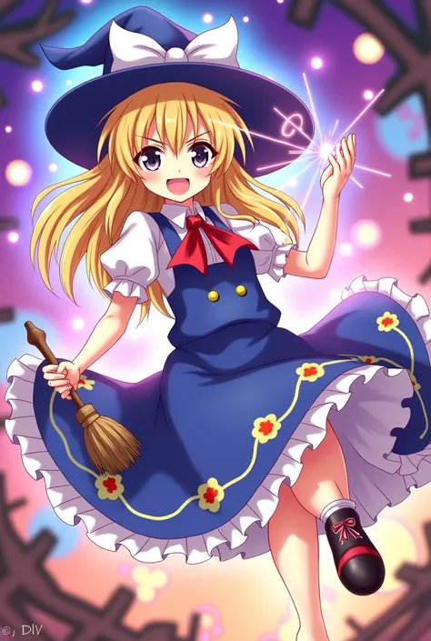 With an anime-like pattern、Please draw Marisa Kirisame from the Touhou Project。