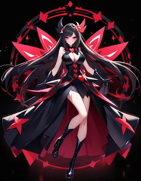 cure devil(magical girl, cool beauty, big breast, feather motif hair accessory, straight long black hair, red eyes, black long dress, black short boots, black opera gloves)