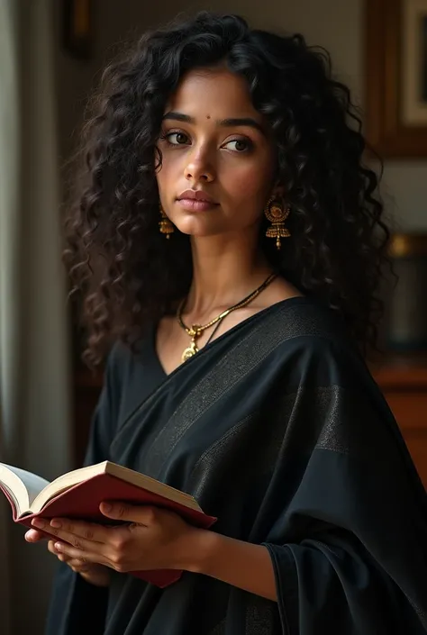 A Indian girl with curly hair and wearing black saree and holding book in her hand taking a realistic photo