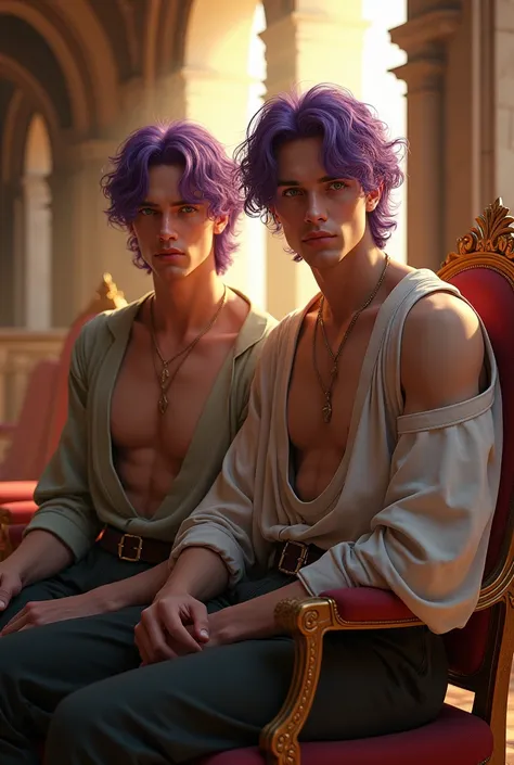 (photorealism:1.2), handsome men, sitting on chair, wearing medieval clothes, loose off-shoulder top, medieval pants, mid-long curly violete hair, violete eyelashes, green ayes, indoors to a castle, soft lighting, window with sunlight, relaxed pose, realis...