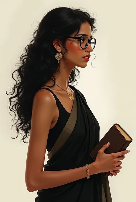 A 20 year Indian girl with curly hair and wearing black saree,  round spectacles  and holding book in her hand  taking her side view