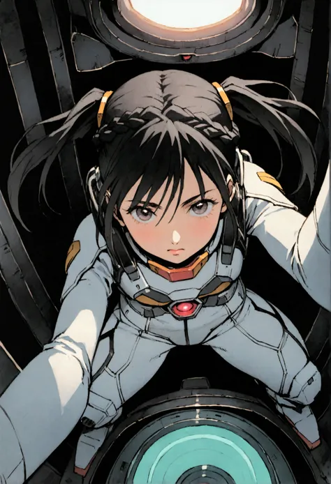 Gundam Wing Cockpit、Futuristic Suit、22 years old、Very beautiful woman、solo、Black Hair、Braid、Pigtails、The meter lights up、Close your eyes and feel the presence、Dynamic pose、Shooting from above with a wide-angle lens。