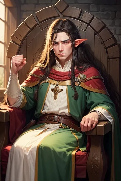 Create an illustration of a medieval fantasy role-playing wizard character, a pale elven man with extremely long, flowing dark hair., green eyes and sad face/tired sitting on a throne resting his face on his fist