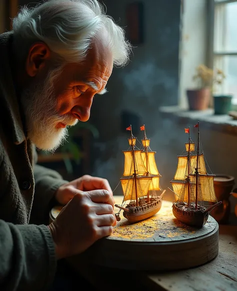 A work made by an old man whose hobby is model sailing ships,Medieval European Sailing Ships,A miniature pedestal that projects a scene