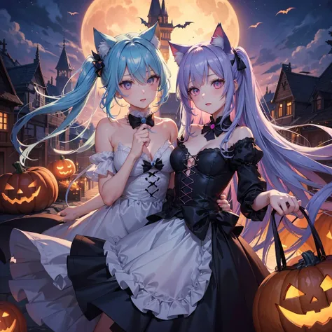 (Sky blue hair),(Medium Hair), (Pink Eyes),Fair skin) ,(whole body),(One Girl),(Crescent Moon),(There are lots of pumpkin ghosts in the background),Cat ear,Cat clothes,Ahegao,Fall into Darkness,If you dont give me sweets, Ill play a prank on you.),Hallowee...