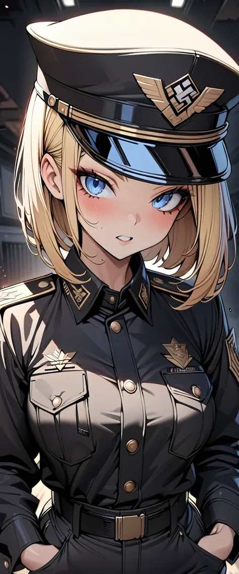 bobcut　blonde　forehead　soldier　nazis　uniform　officer　陸軍officer　black costume　army costume　wearing military gear　army caps　long s...