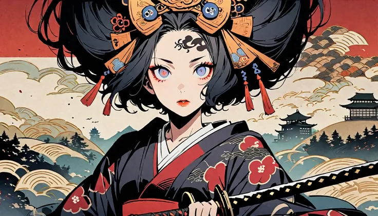 Ink painting, (((1 girl))), (((Tattoo in the middle of the forehead))),(((In the background is the Akatsuki moon))), (((dressed as a samurai))), (((holding a katana sword))), (((Oiran))), (((Great hair accessories))), Japanese style headphones, Demon posse...