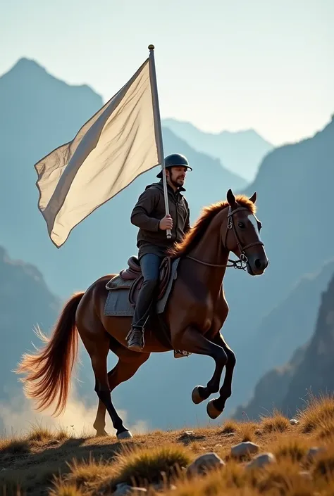 a man riding  a  fast horse in mountains with a big white flag in his hand,