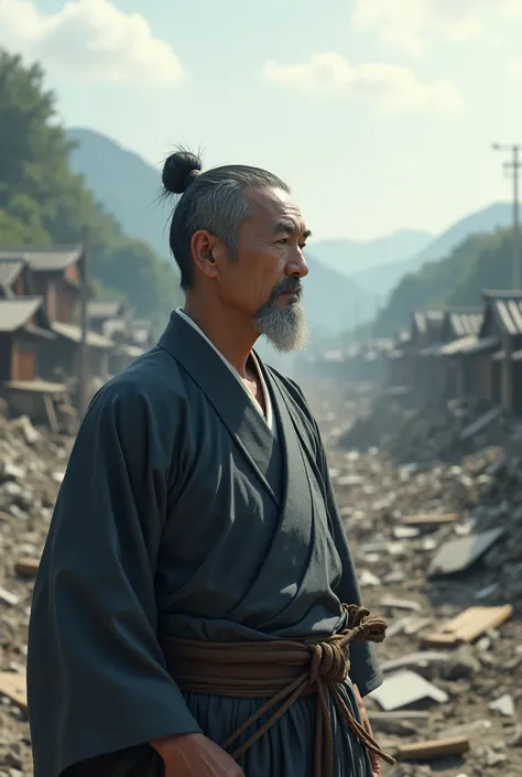 A male Japanese village leader looking out a Tsunami ravaged landscape 