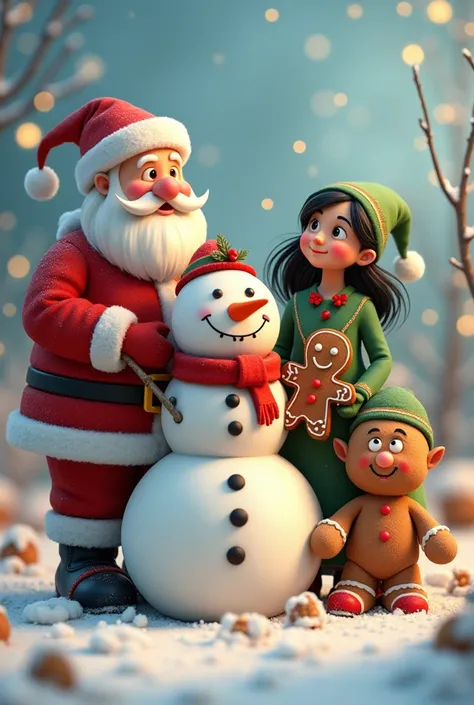 Santa Claus with his wife Black hair,Snowman,Elf,Gingerbread man.