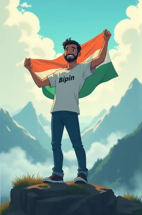 One man thats name is bipin and he is standing on mountain and their name written in his tshirt and in his hand Indian flag and their face is smiley and baground is cloudy and fogy this a anime 