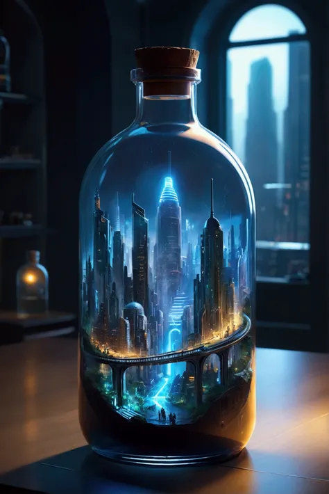 Create a futuristic cyberpunk city inside a bottle, Play of light and shadows, masterpiece, lightning , hyperrealistic
