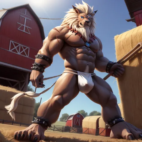 Furry, Kemono, Leon, Leomon, Digimon, (Solo), Bigg Ass, Male Bulge, masculine, Full body, Feet, (Anime Blue Eyes), (Perfect Eyes), Braided Mane, Black leather harness, Spiked Anklet, (White fitted fundoshi), (White string thong), (White Fundoshi) , Farm, (...