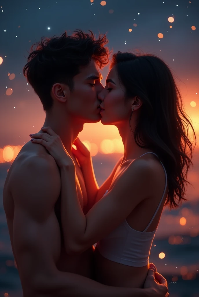 A young couple, both 19 years old, are sharing a kiss under a night sky. The scene is illuminated with warm, glowing lights, creating a soft and romantic atmosphere. The background might include twinkling stars or city lights, and the couple appears close ...