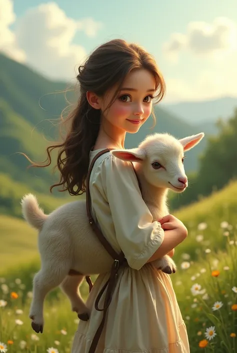 A young beautiful girl  carrying a goat on her back