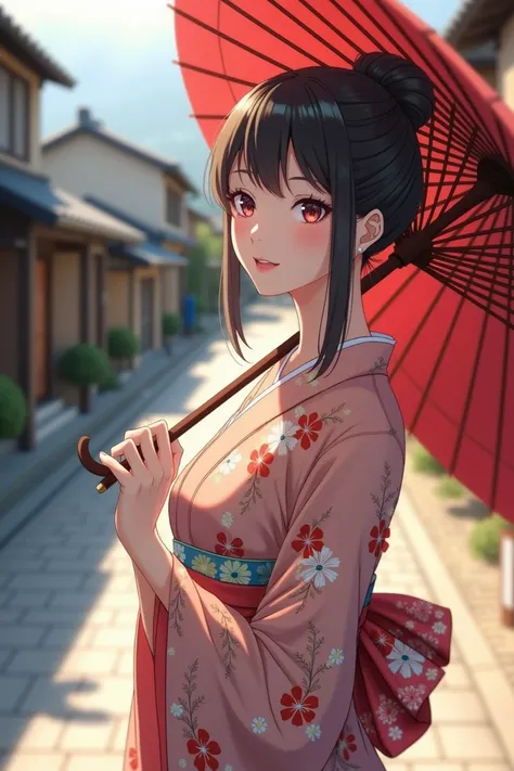 An elegantly dressed Japanese woman in natural light、A close-up of her chest and calm expression.、It shows her inner peace and outer charm.。Set the style to anime style。The whole body is shown。The background is an old Japanese road。There are old houses on ...