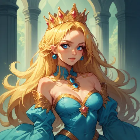 An incredibly beautiful young femme fatale blonde with blue eyes, long golden hair, she is dressed in a princess dress, she has jewelry, a crown.