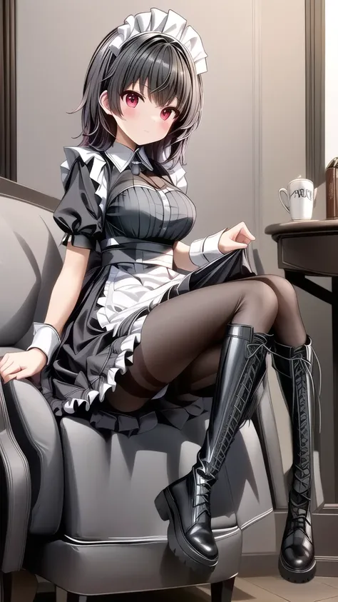 Black pantyhose，Maid costume，Black lace-up boots