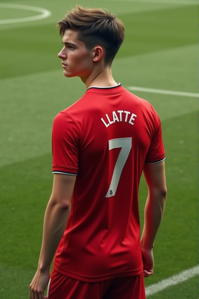 Create a picture of a football shirt, number 7, red color, named Latte, with a teenager wearing it, realistic.