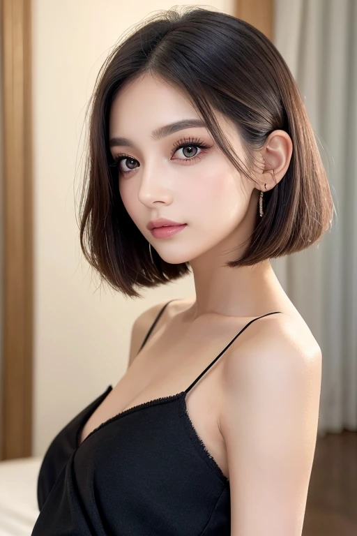 A highly detailed and high-resolution. She has a small, delicate face with a slightly cat-like appearance. Her eyes are large, black, and slightly upturned, giving a mysterious and captivating look. She has a small, well-defined nose and a small, elegant m...