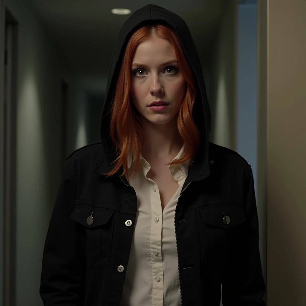 karen gillan, black hooded jacket, white button undershirt, grossed out expression