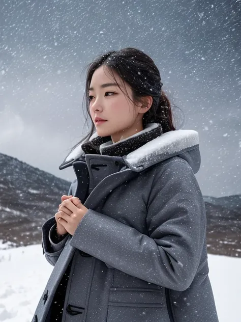 Beautiful woman、Standing on a snowy mountain, looking up at the sky、early morning、((Snowstorm))、((the wind is strong))、((The snow is falling heavily))、(((Holding the collar of his coat with his hands)))、Dim view、Photorealistic