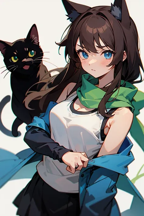 Long Hair, Brown Hair, Blue eyes, Black Cat Ears, Anime Style, 1girl, Anime, Green scarf, White white womens tank top, Open shoulders, Blue jacket, Black skirt, Blush, 