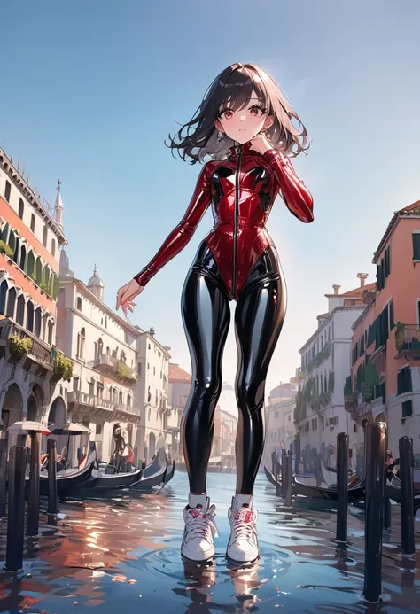 Beautiful stunning cristin milioti strolling in venice. Donning shiny black latexleggins and red shiny latexbra. White chucks. Hyperdetailed.