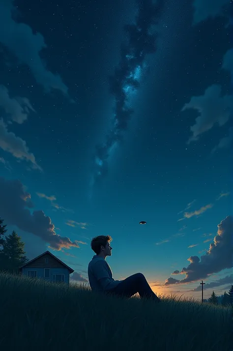 The cover picture shows a man lying on a hill behind his house looking at the stars. There are many stars in the sky and a UFO is hidden in the sky.