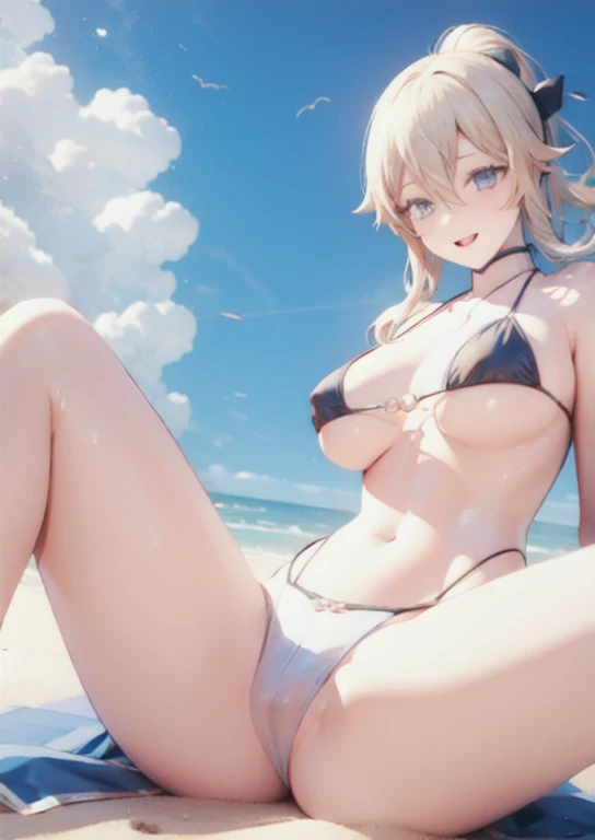 smile, open mouth , sky bule bikini, put off pant,, on the beach, nsfw