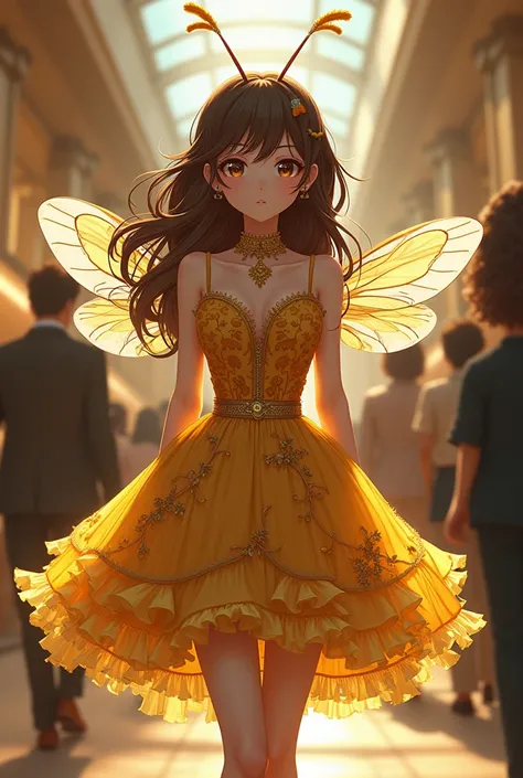 Bee girl in fancy dress with boobs, big brown hair, entering the Prada store, and a lot of people watching her anime 4k