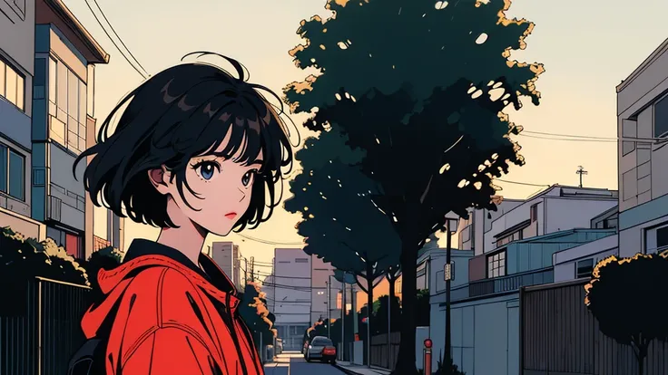 masterpiece, highest quality, a girl walking her dog in a quiet suburban tokyo neighborhood at sunset, enjoying the calm atmosph...