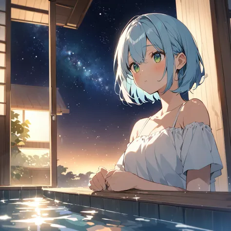 Light blue hair、Short Bob、Deep green eyes、Age 25、White dress、looking outside、Large open-air bath、night、starry skies、Bathing in the open-air bath、Gazing at the sky