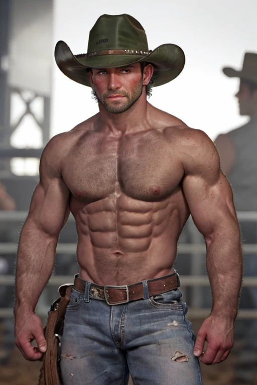 shirtless, cowboy hat, muscular cowboy, realistic, at the rodeo