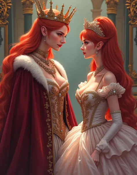 moe anime artstyle,Masterpiece,Best Quality,Super Detail,(Very Delicate and Beautiful),((((An old queen and a teenage princess with different hair colors)))),(confrontation),couple focus,luxurious, aristocrat, noble, arrogant,((absurdly long Straight hair,...