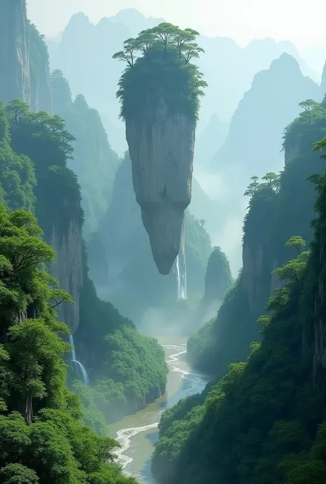 Mountain view with river and valley, Floating Mountain, Zhangjiajie in the morning, Impressive fantasy landscapes, Amazing alien landscapes, By Yuan Jiang, By Fei Tansu, By Xu Xi, Zhangjiajie National Forest Park, Mist from the waterfall, Beautiful forests...